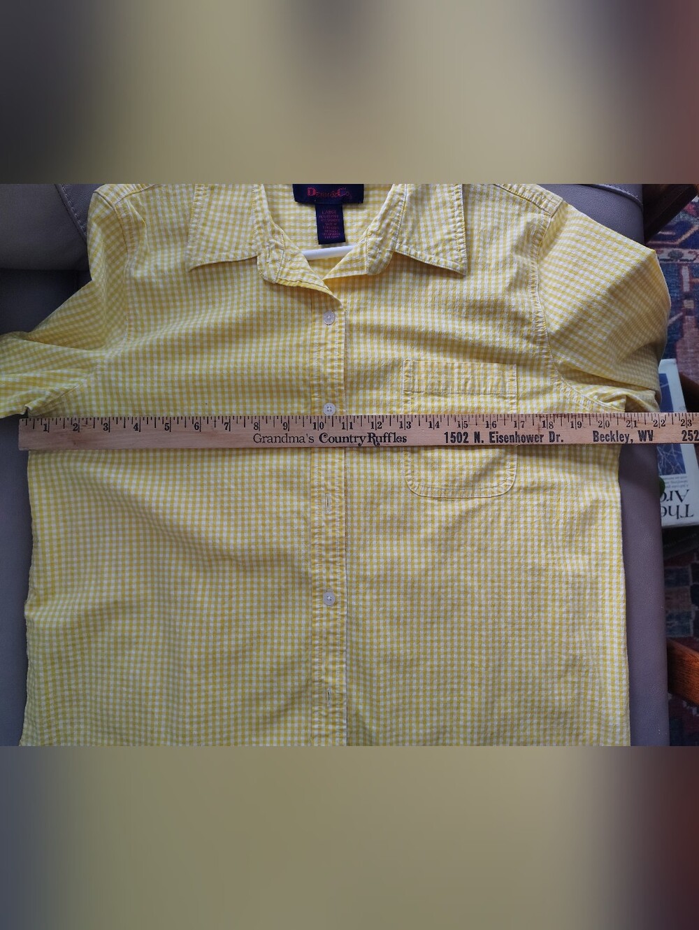 Denim&Co  Size L Yellow Gingham Button-Front Shirt - Picture 7 of 7